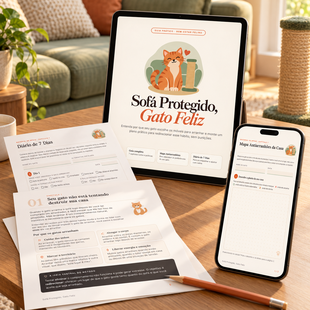 Mockup do guia digital e materiais de apoio Sofá Protegido, Gato Feliz
